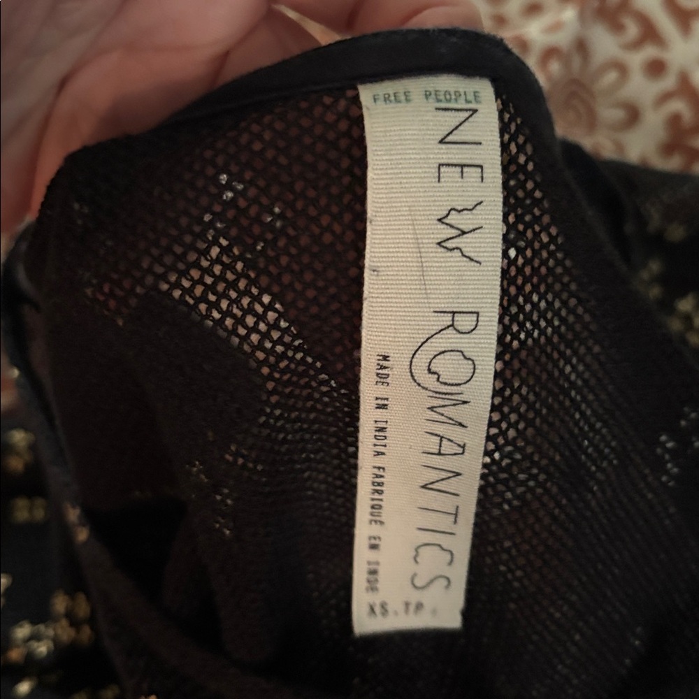 Free People New Romantics Lace Mesh Mini Dress Black Gold Boho XS - Picture 2 of 3
